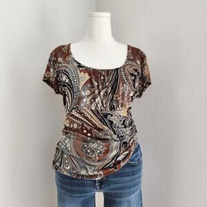 Vintage Y2K Van Heusen Brown Paisley Stretch Empire Waist Scoop Neck Top M